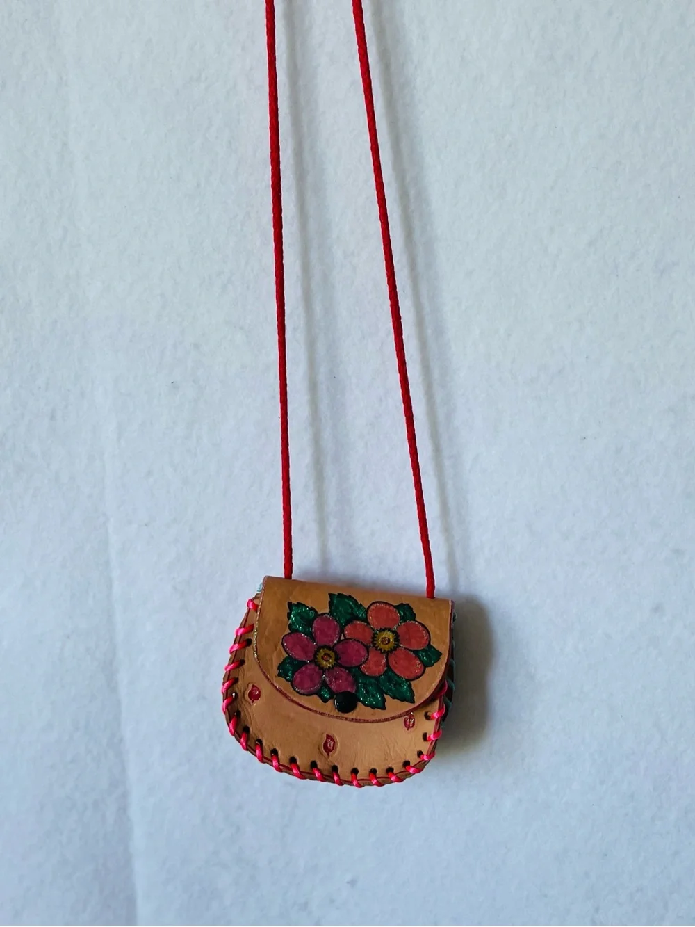 Kids Tan Leather Crossbody Bag with Red and Blue‎ Accents